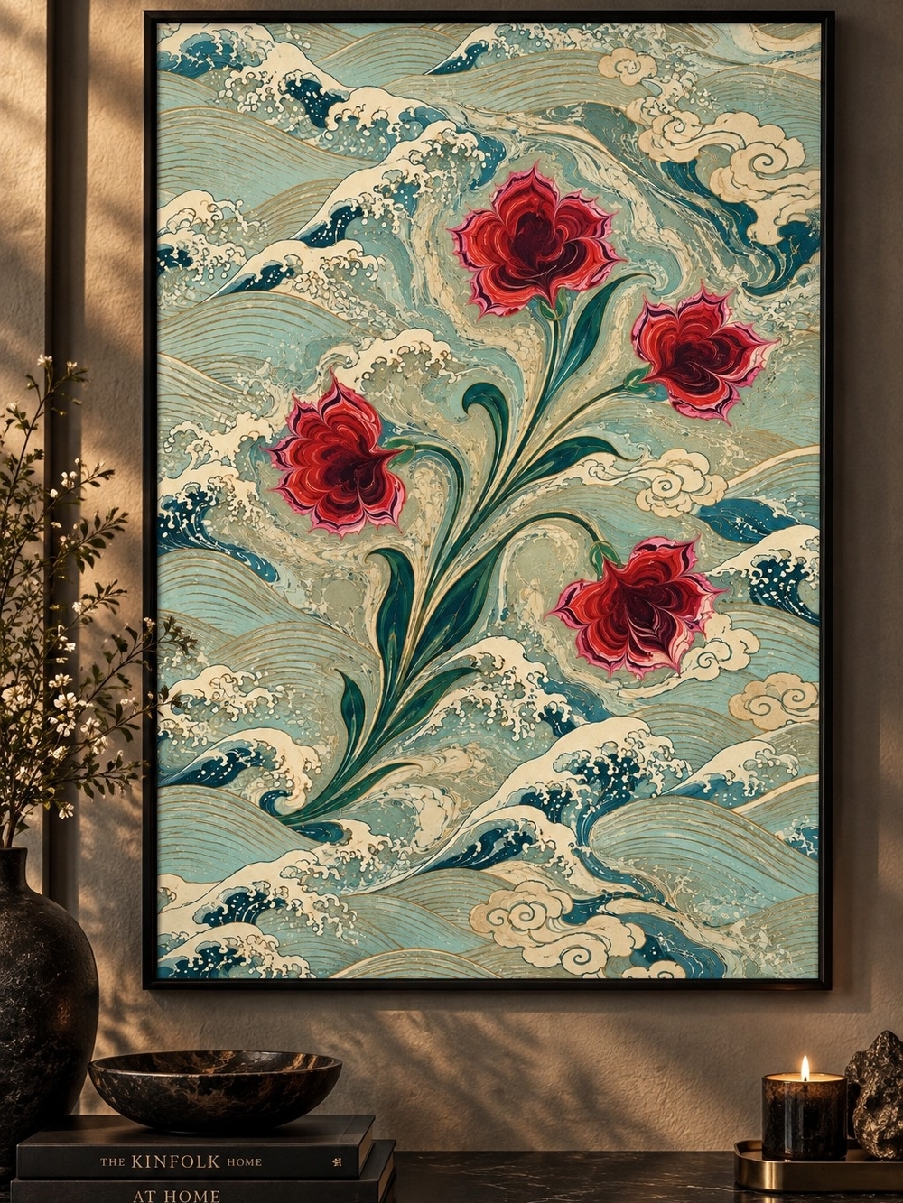 Framed Floral Wave Wall Art in Blue & Red